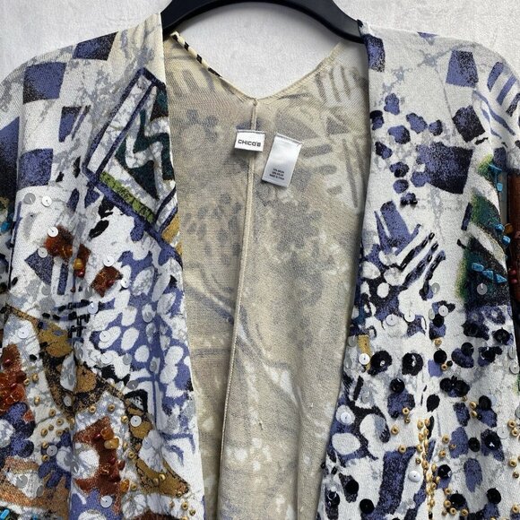 Chico's Sequins Embellished Cover Up Kimono Women OneSize Ivory Multicolor Used - Picture 5 of 16